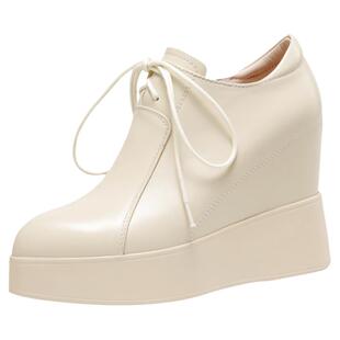 北西迪小个子10CM内增高女鞋米白色真皮尖头松糕鞋厚底坡跟单鞋潮