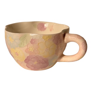 景德镇手绘万花釉下彩马克杯大容量咖啡杯办公室桌面高颜值喝水杯