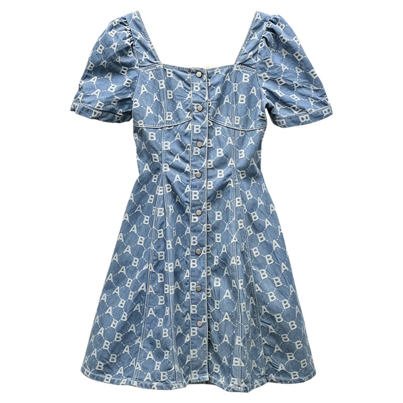 ABLEJEANS老花牛仔泡泡袖连衣裙