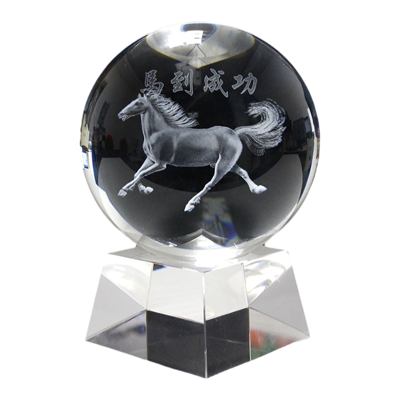 水晶球3D内雕马到成功家居饰品 乔迁摆件定制图案logo