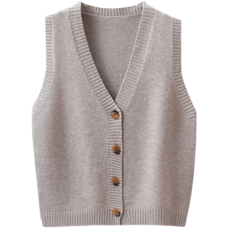 新款时尚羊毛针织女士百搭V领马甲背心全毛宽松纯色外套坎肩女装