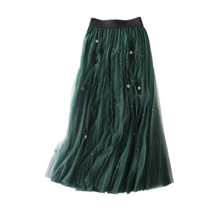 2026春秋钉珠重工半身裙A字网纱裙中长款显瘦蓬蓬裙仙女纱裙长裙