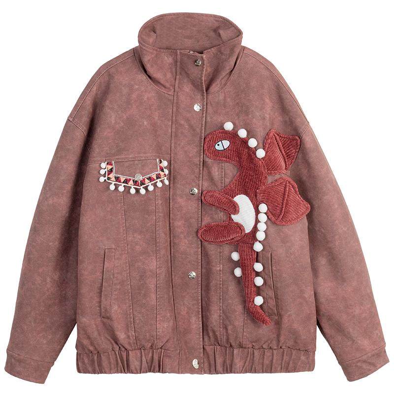 凯莉欧酒红色复古小恐龙皮衣棉服