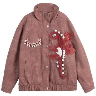 KEIKO [夹棉/保暖] 酒红色皮衣棉服女25冬季小恐龙饰保暖夹克外套