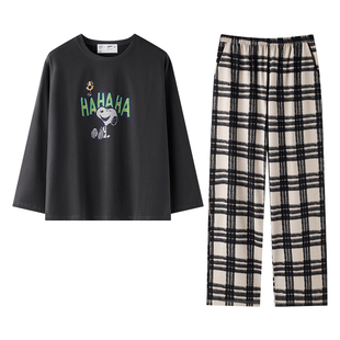 贝妍史努比情侣睡衣女春秋季新款柔软棉长袖家居服男休闲大码套装