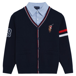 POLOWALK童装男童针织衫2025秋冬新款假两件线衫学院风毛衣套头衫