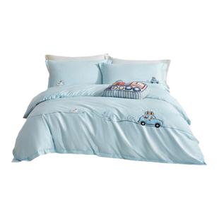 罗莱儿童60支贡缎高支四件套100棉床单被套床笠套件素色卡通学生