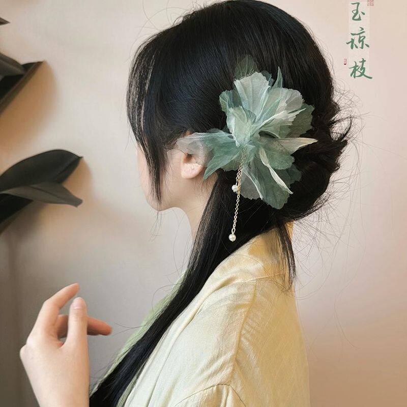 「枯叶蝶」仙气雪纺花朵U型发簪古风盘发女新中式马面裙发钗簪子