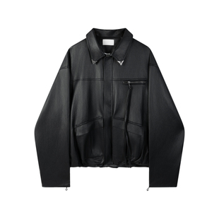 TAM TUAS【摩纳哥】金属丝皮革廓形复古老钱boxy抽绳口袋皮衣夹克