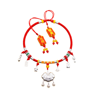 银锁长命锁纯银宝宝项圈编绳婴儿足银平安锁儿童满月周岁礼物红绳