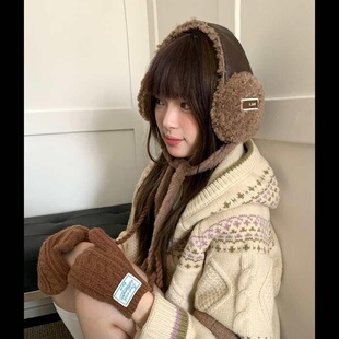复古美拉德棕色毛绒耳罩女秋冬季加厚保暖耳套户外防寒系带耳包潮