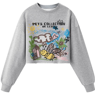 乐町涂鸦短款卫衣24年秋季新款正肩圆领长袖上衣女大图案宽松卫衣