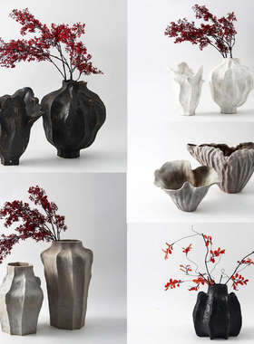 新中式复古侘寂风创意肌理感陶瓷花器摆件样板间售楼处花瓶装饰品