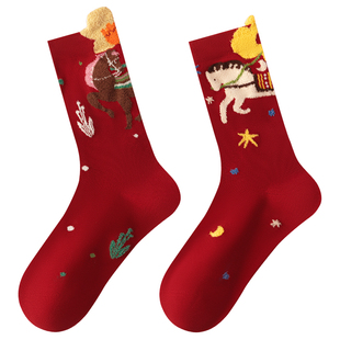 红袜子女款纯棉中筒冬季2026新款爆款马年本命年可爱红色女士新年