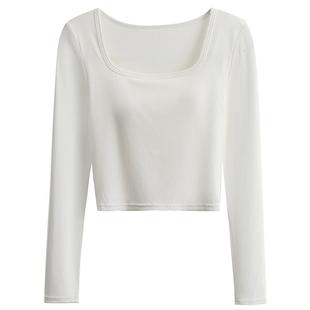 带胸垫方领短款长袖t恤女秋冬外穿内搭打底衫文胸一体修身上衣