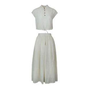 酒午纽扣下摆抽绳短袖上衣女夏+松紧腰半身裙新中式国风两件套装