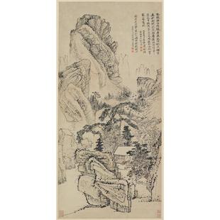 石涛山水立轴复古书画竖幅水墨风景国画高清微喷仿古挂画卷轴装饰