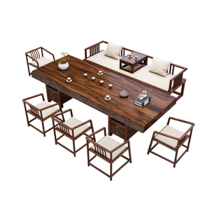 胡桃木大板实木茶桌椅组合苦瓜边办公室家用茶台茶几套装一体茶桌