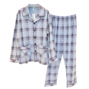 特价安之伴睡衣秋季男士纯棉双面针织格子大方国民领长袖男家居服