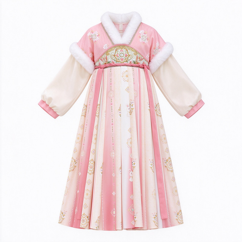 女童冬季加绒古装汉服儿童拜年服中国风新年加厚女孩唐装连衣裙