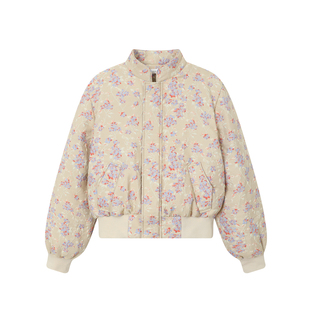 PaleBlueDot蓝点·立领复古暖杏黄提花夹克95白鸭绒短款羽绒服