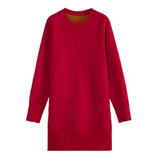 一体绒毛衣女秋冬外穿中长款加绒加厚宽松内搭低领针织打底羊毛衫