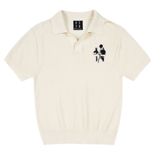 MEDM25SS纯色刺绣玫瑰花图案短袖针织polo衫老钱风休闲半袖T恤男