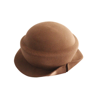 秋冬羊毛帽子法式小洋礼帽圆顶短沿保暖纯羊毛优雅毛呢褶皱翘边开