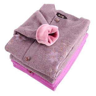 雅鹿中老年加绒加厚保暖开衫女冬季内衣套装大码妈妈绒衣开襟外穿