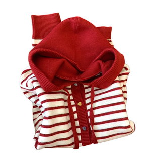 复古红色条纹连帽爱心扣毛衣外套女冬季新款韩系宽松软糯针织开衫