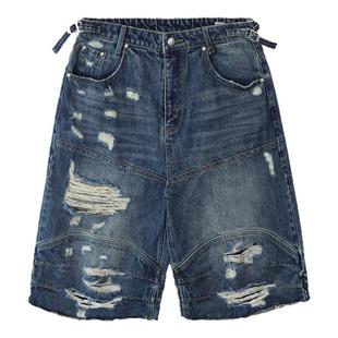 韩国badblood美式复古做旧水洗破洞牛仔裤街头宽松直筒休闲七分裤