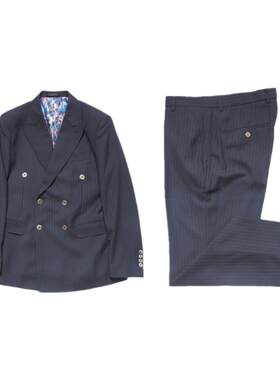 川泽双排扣戗驳领西服套装条纹