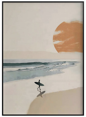 日落冲浪者客厅卧室沙发海边沙滩风景装饰画挂画艺术框油画壁画