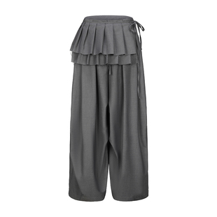 SHALL NOT UNTRUE 拼接百褶裙摆屁帘西装裤女垂感阔腿宽松灯笼裤