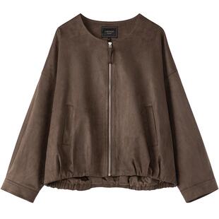 LAGOGO复古麂皮绒花苞外套女拉谷谷2026春款棕色琥珀流光风夹克