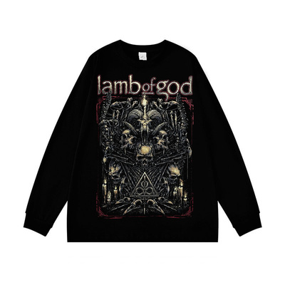 Lamb of God上帝羔羊乐队骷髅印花长袖T恤男女款宽松纯棉上衣春秋