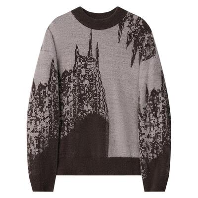 仿貂绒国风建筑风针织衫男新款2026拼色圆领加厚冬季新中式毛线衣