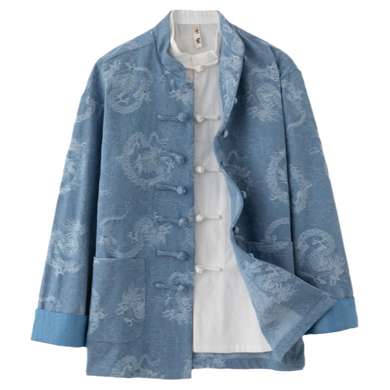 春季唐装男中式改良手工盘扣纯棉牛仔外套复古宽松龙纹提花中国风