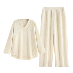 悦内睡衣女士秋冬季珊瑚绒加厚加绒毛绒法兰绒大码家居服保暖套装