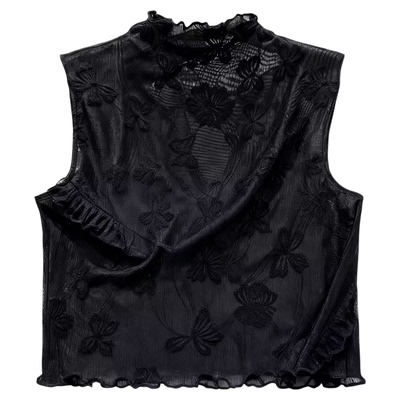 叠穿蕾丝假领子女百搭高档木耳边半高领无袖背心网纱打底衫内搭