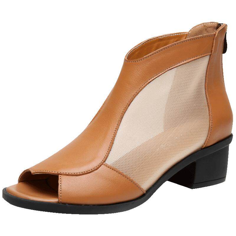 春夏天鞋子女鱼嘴凉鞋2026新款罗马真皮镂空女鞋中跟粗跟网纱凉靴