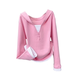 短款连帽假两件帽衫糖果色拼接撞色款式休闲T恤衫2025年春打底衫