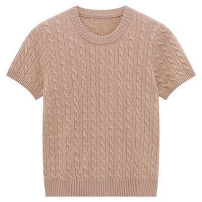 Basic House/百家好绞花短袖针织衫女2026春季新款短款羊毛衫上衣