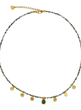 JoJo｜复古极细绿松石小雏菊祖母绿金色锁骨链天然石叠戴项链