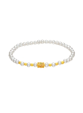 周六福淡水珍珠手串金珠点缀S925银复古手链手饰送女友圣诞礼物