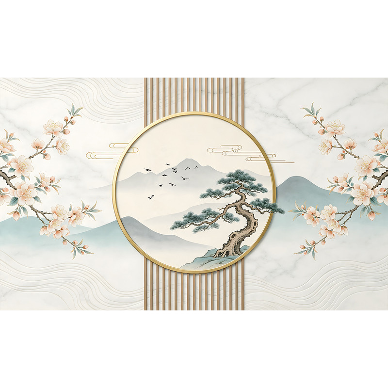 新中式山水客厅壁画民宿酒店墙贴