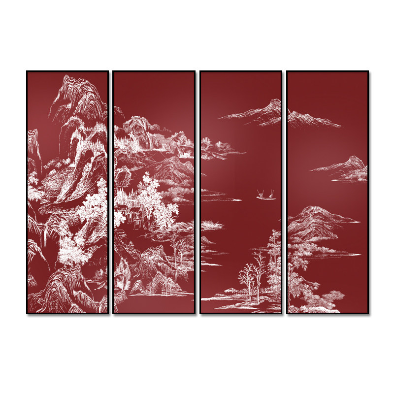新中式客厅装饰画四联浮雕山水画