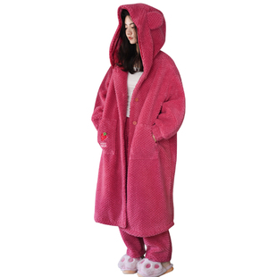 贝妍珊瑚绒睡衣女秋冬季保暖可爱小熊连帽少女加厚家居服大码套装