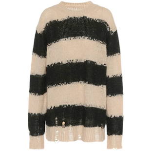 blackpink jisoo金智秀明星同款韩版宽松条纹破洞慵懒针织毛衣女