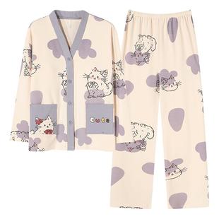 纯棉睡衣女春秋季带胸垫长袖套装2025新款防凸点卡通女士家居服冬